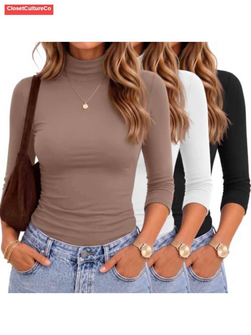 Mock Neck 3/4 Sleeve Tops 3 Pack Cotton Blend Women's Shirts